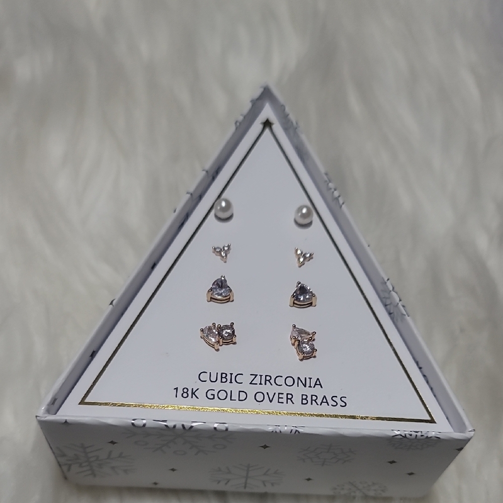 Cubic Zirconia 18K Gold Over Brass Earrings Set